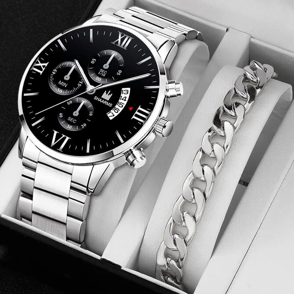 Men's Business Quartz Watch - Three-Eye Calendar, Stainless Steel Band
