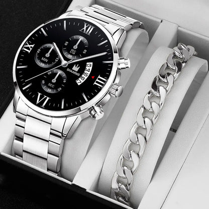 Men's Business Quartz Watch - Three-Eye Calendar, Stainless Steel Band