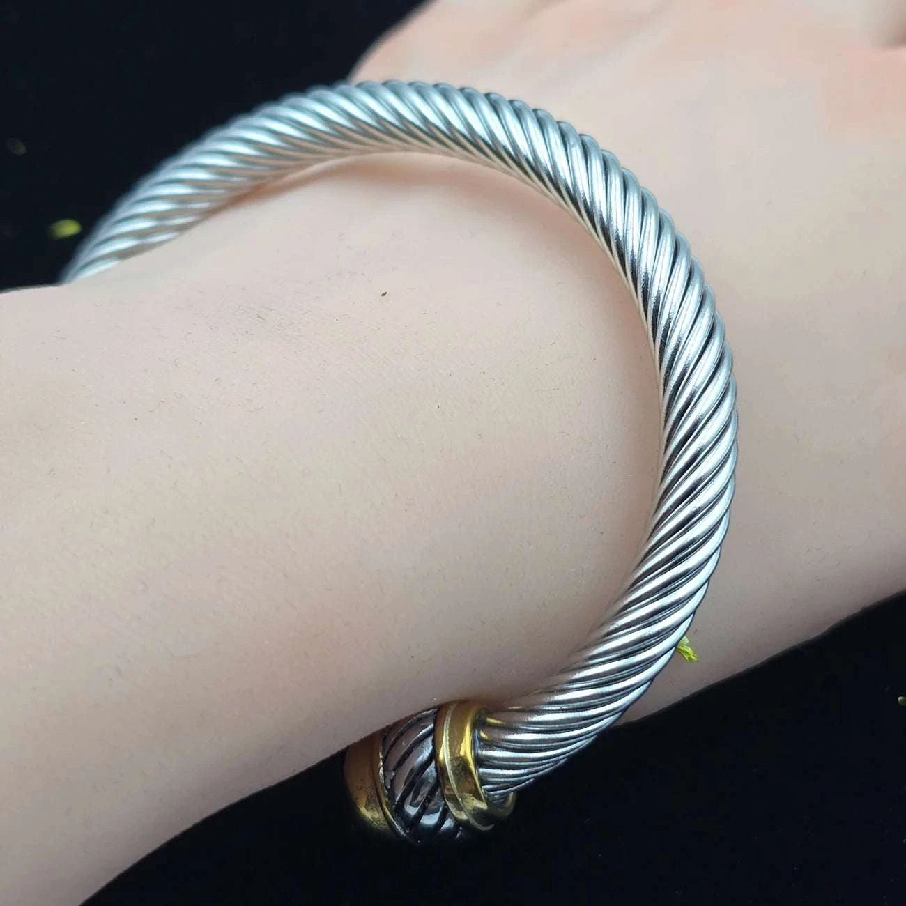 7mm Stainless Steel Cable Bracelet Designed for Women Two-Tone Open TwThe Plug