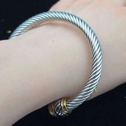7mm Stainless Steel Cable Bracelet Designed for Women Two-Tone Open TwThe Plug