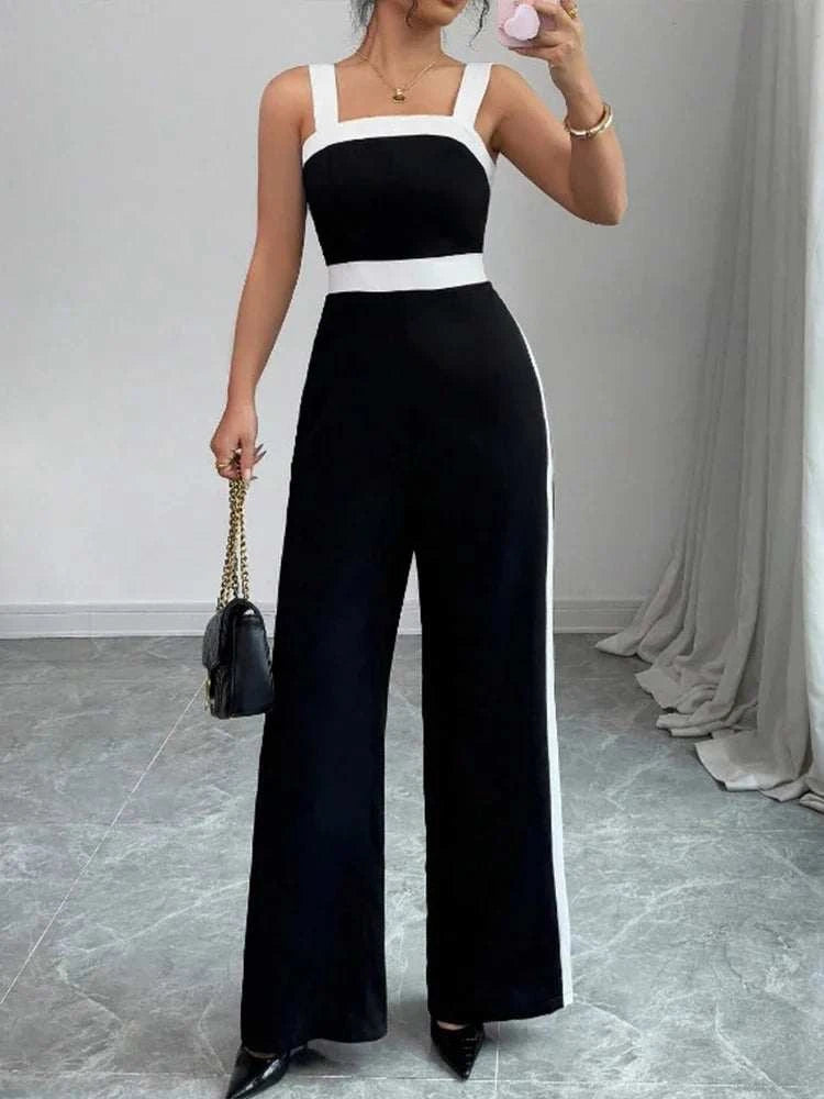 Women's Casual Black Jumpsuit White Contrast Trim Square Neck Great foThe Plug