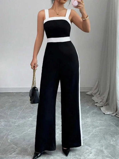 Women's Casual Black Jumpsuit White Contrast Trim Square Neck Great foThe Plug