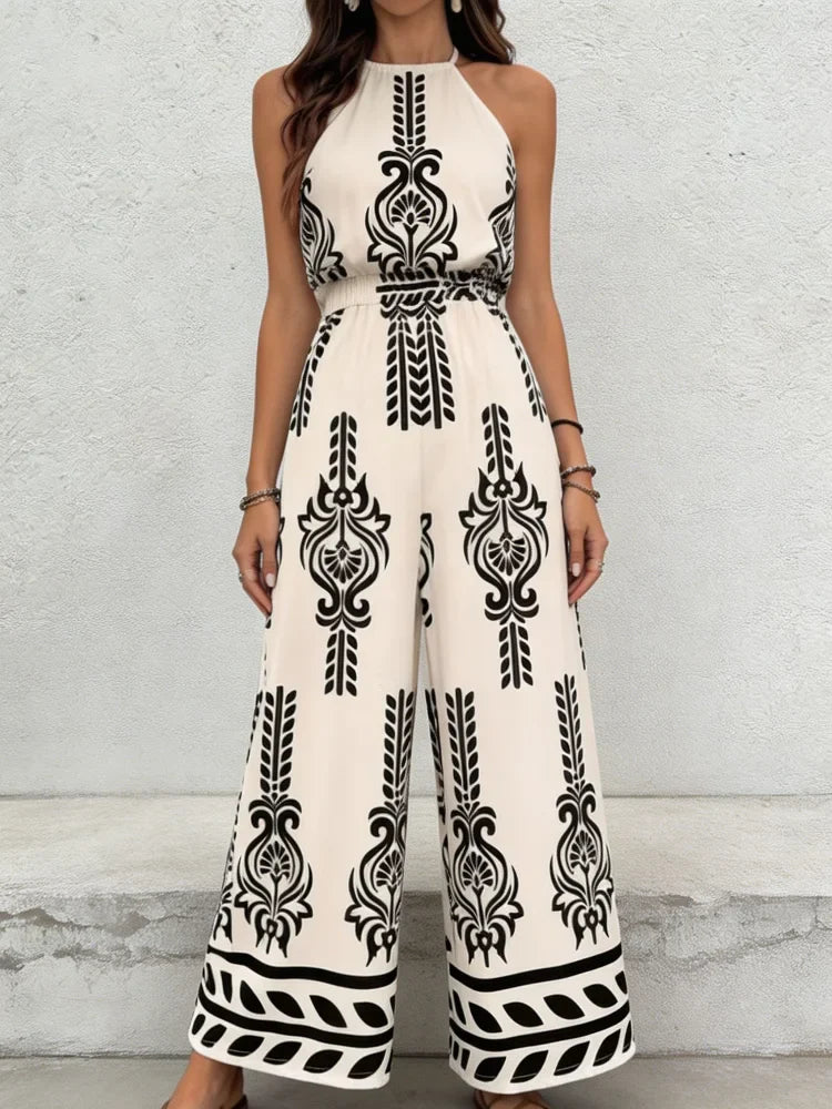 Women's Boho Geometric Print Jumpsuit, Casual Halter Neck Sleeveless WThe Plug