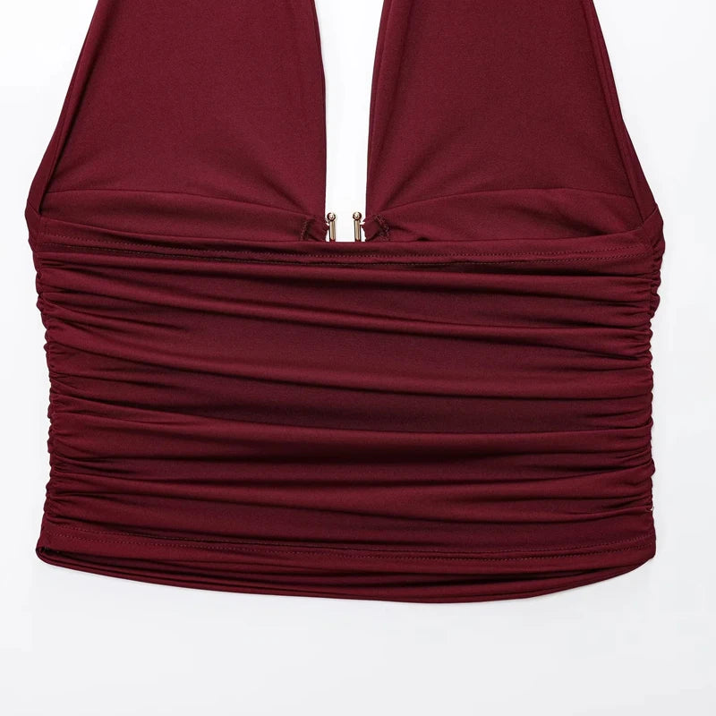 HXAO Women Tops Corset Halter Crop Top Woman Summer Pleated Tight Party Tops Ties Backless Sexy Top Off Shoulder Burgundy Top