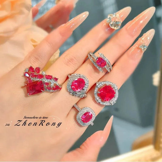 Fashion red corundum ring for women with luxury red zircon and sterling silver band