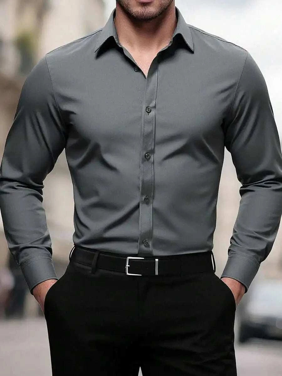 Solid Color Long Sleeve Casual Shirt With Turn-Down Collar For MenThe Plug