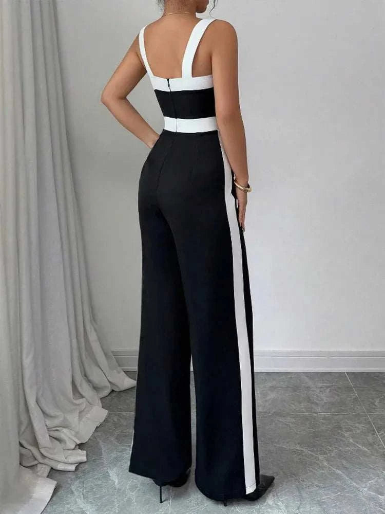Women's Casual Black Jumpsuit White Contrast Trim Square Neck Great foThe Plug