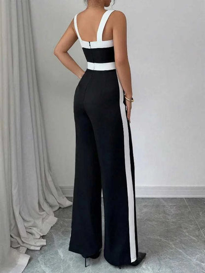 Women's Casual Black Jumpsuit White Contrast Trim Square Neck Great foThe Plug