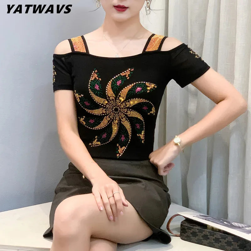 Streetwear Summer Women's Clothes T-Shirts Chic Flower Hot Diamonds Luxury Tees Sexy Girl Off Shoulder Slim Brand Tops