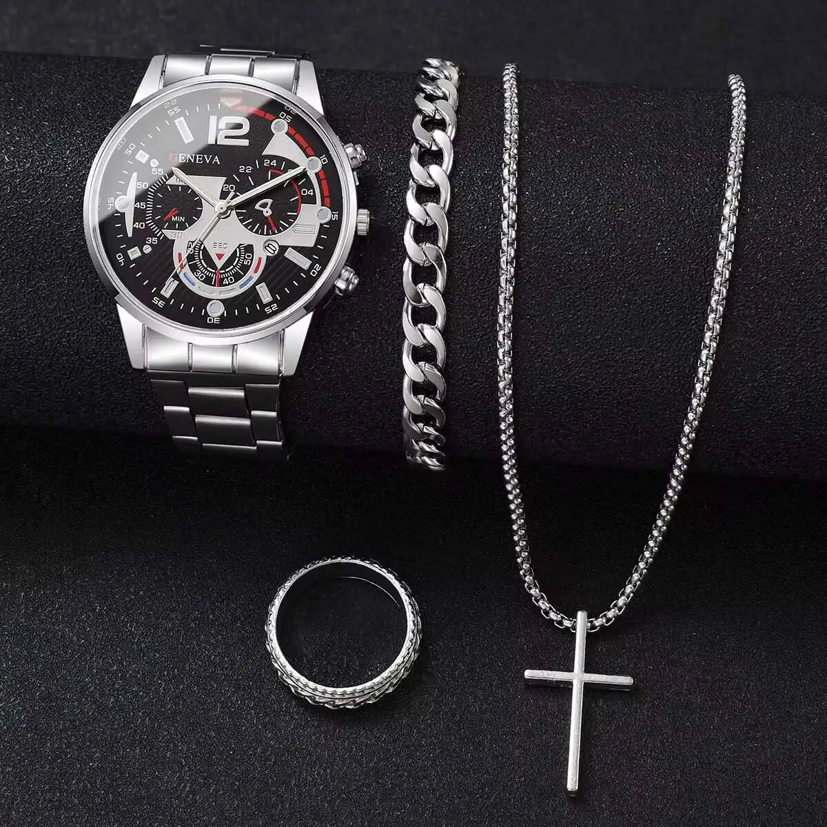 Men's 4pc Fashion Quartz Watch & Jewelry Set – Necklace, Bracelet & Ring