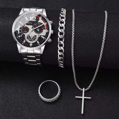 Men's 4pc Fashion Quartz Watch & Jewelry Set – Necklace, Bracelet & Ring