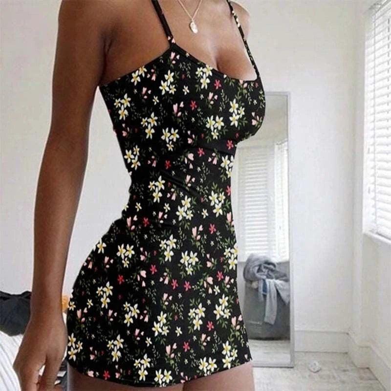 Women Spaghetti Straps Dress Sexy Sleeveless Bodycon Solid Floral MiniThe Plug