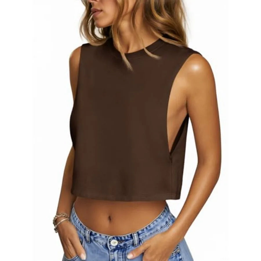 Fisoew Womens Workout Cropped Tank Tops Boxy Loose Fit Casual SleeveleThe Plug