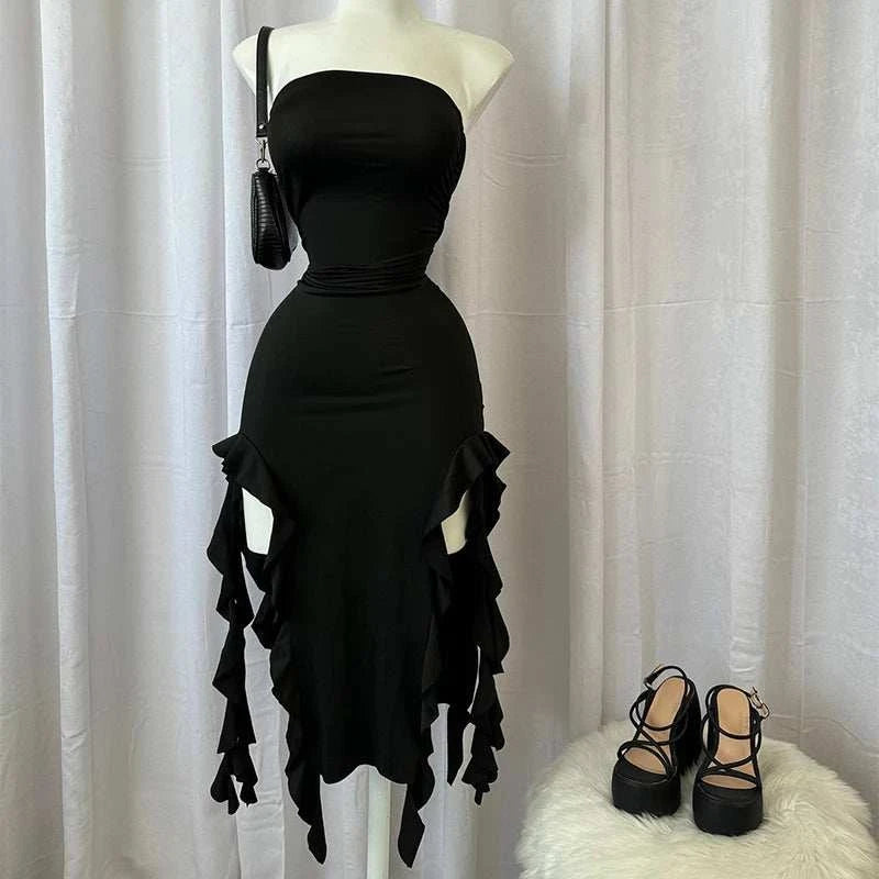 Women Strapless Sexy Floral Fold Hemline High Slit Mini Dress 2024 SolThe Plug