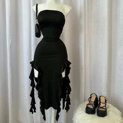 Women Strapless Sexy Floral Fold Hemline High Slit Mini Dress 2024 SolThe Plug
