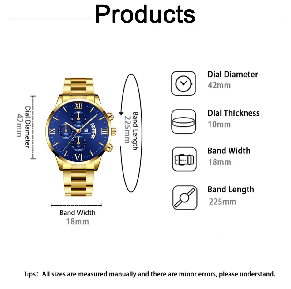 Men's Business Quartz Watch - Three-Eye Calendar, Stainless Steel Band