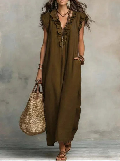 Women's Retro Bohemian Ruffle Linen Maxi Dress, Ruffle V-Neck SleeveleThe Plug