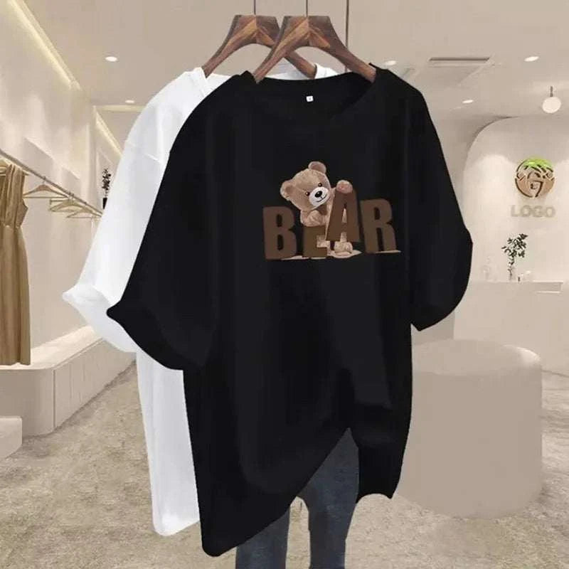Summer Chic Letter Printing Bear T-shirt Women O-neck Short Sleeve CotThe Plug