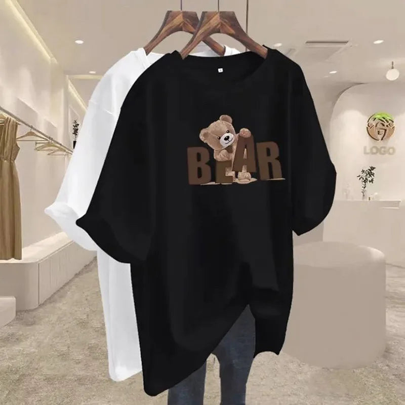 Summer Chic Letter Printing Bear T-shirt Women O-neck Short Sleeve Cotton Basic Top Tee Casual Loose Oversized Pullover 45-105Kg