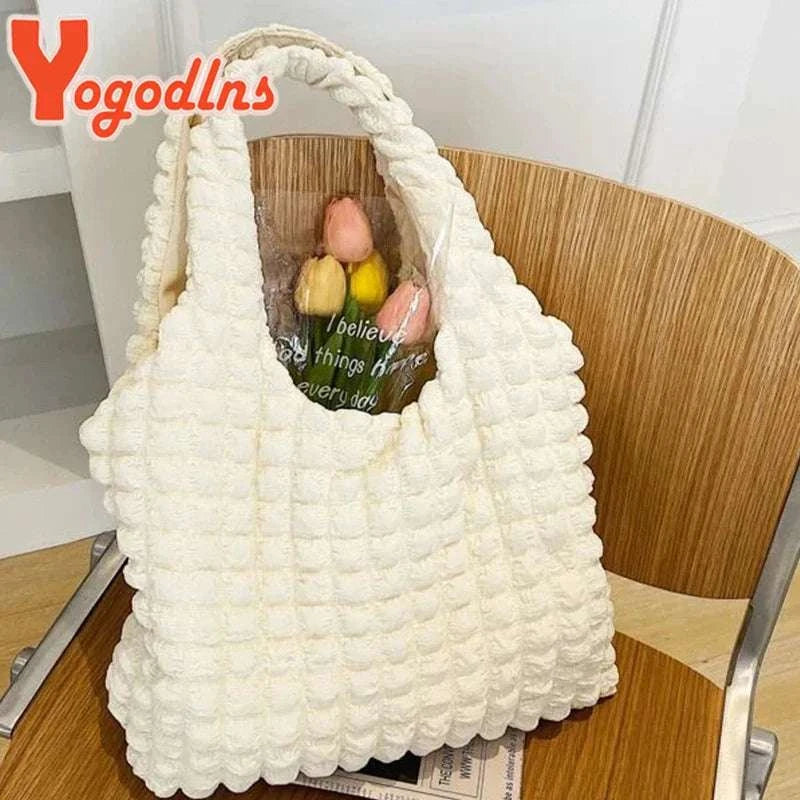 Yogodlns summer pleated cotton tote bag in candy color with large capacity for women