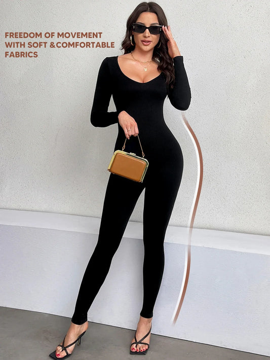 Women Workout Seamless Jumpsuit Yoga Ribbed One Piece Long Sleeve LeggThe Plug