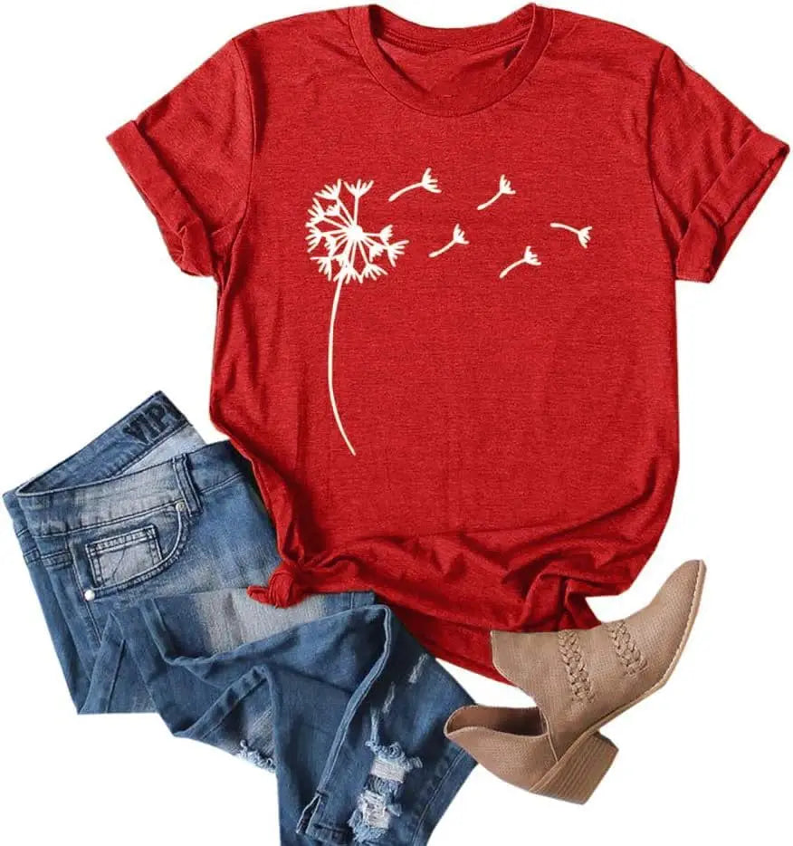 Women's Dandelion Print T Shirts Cute Graphic Tees Short Sleeve SummerThe Plug