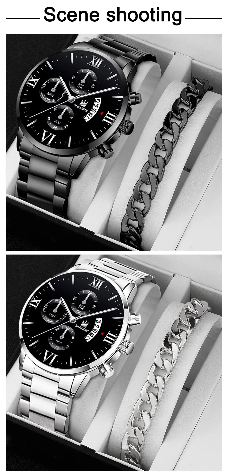 Men's Business Quartz Watch - Three-Eye Calendar, Stainless Steel Band