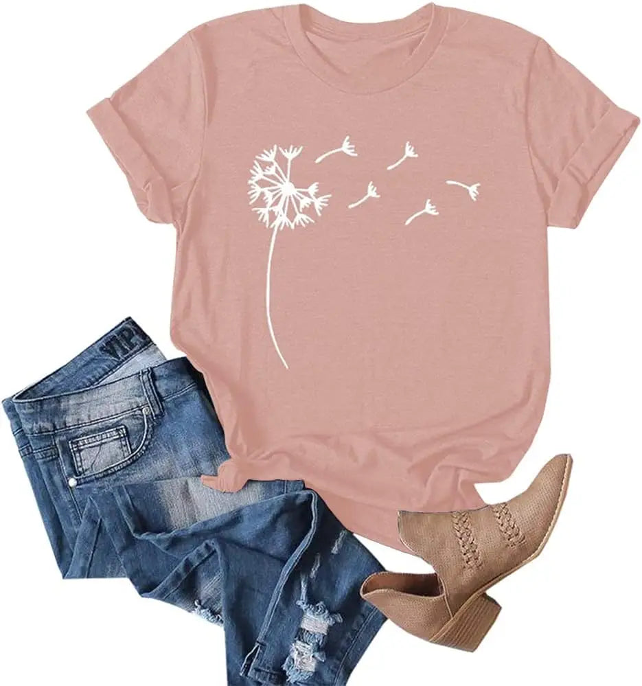Women's Dandelion Print T Shirts Cute Graphic Tees Short Sleeve SummerThe Plug