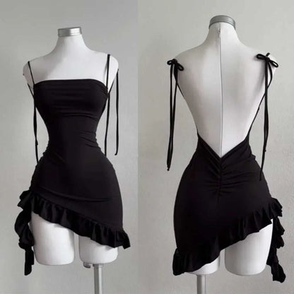 Black sexy sleeveless backless mini dress with lace-up bodycon design for women summer party