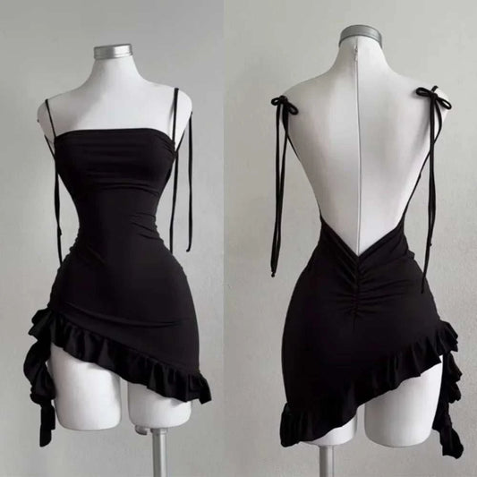 Black sexy sleeveless backless mini dress with lace-up bodycon design for women summer party