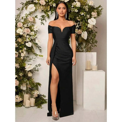 【New style】Off-The-Shoulder Ruched High Slit Knee-Length Elegant Sexy The Plug