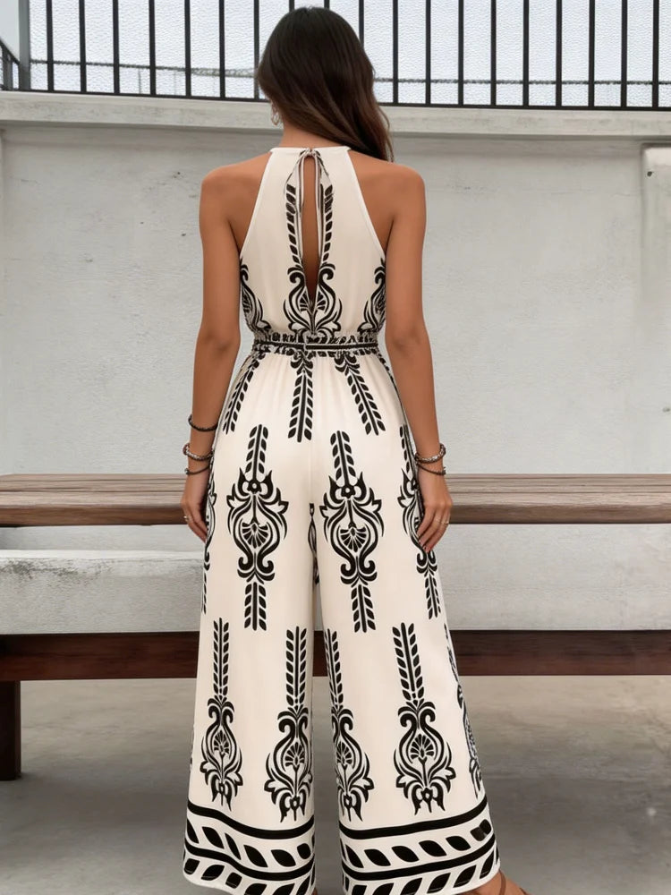 Women's Boho Geometric Print Jumpsuit, Casual Halter Neck Sleeveless WThe Plug