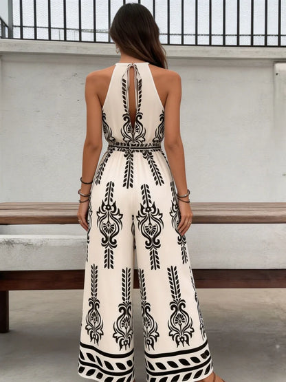 Women's Boho Geometric Print Jumpsuit, Casual Halter Neck Sleeveless WThe Plug