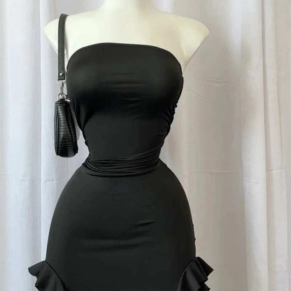 Women Strapless Sexy Floral Fold Hemline High Slit Mini Dress 2024 SolThe Plug