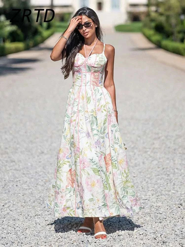 Boho Printed Women's Summer Holiday Halter Long Dress Waist Cinched PlThe Plug