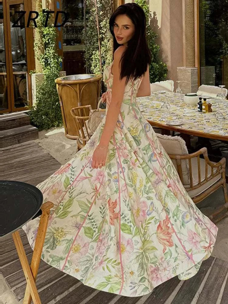 Boho Printed Women's Summer Holiday Halter Long Dress Waist Cinched PlThe Plug