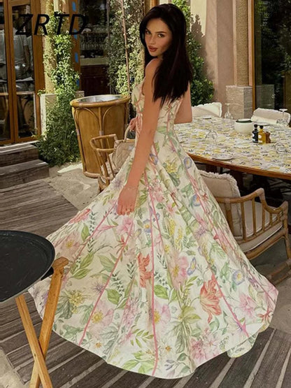 Boho Printed Women's Summer Holiday Halter Long Dress Waist Cinched PlThe Plug