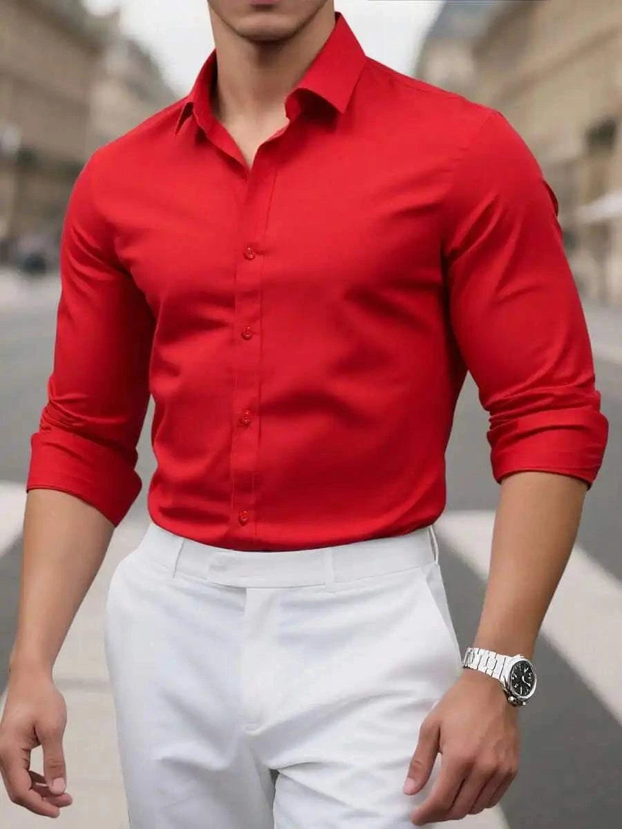 Solid Color Long Sleeve Casual Shirt With Turn-Down Collar For MenThe Plug