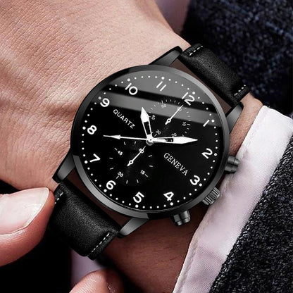 Men's Fashion Quartz Watch & Leather Bracelet Set (4/5pc)