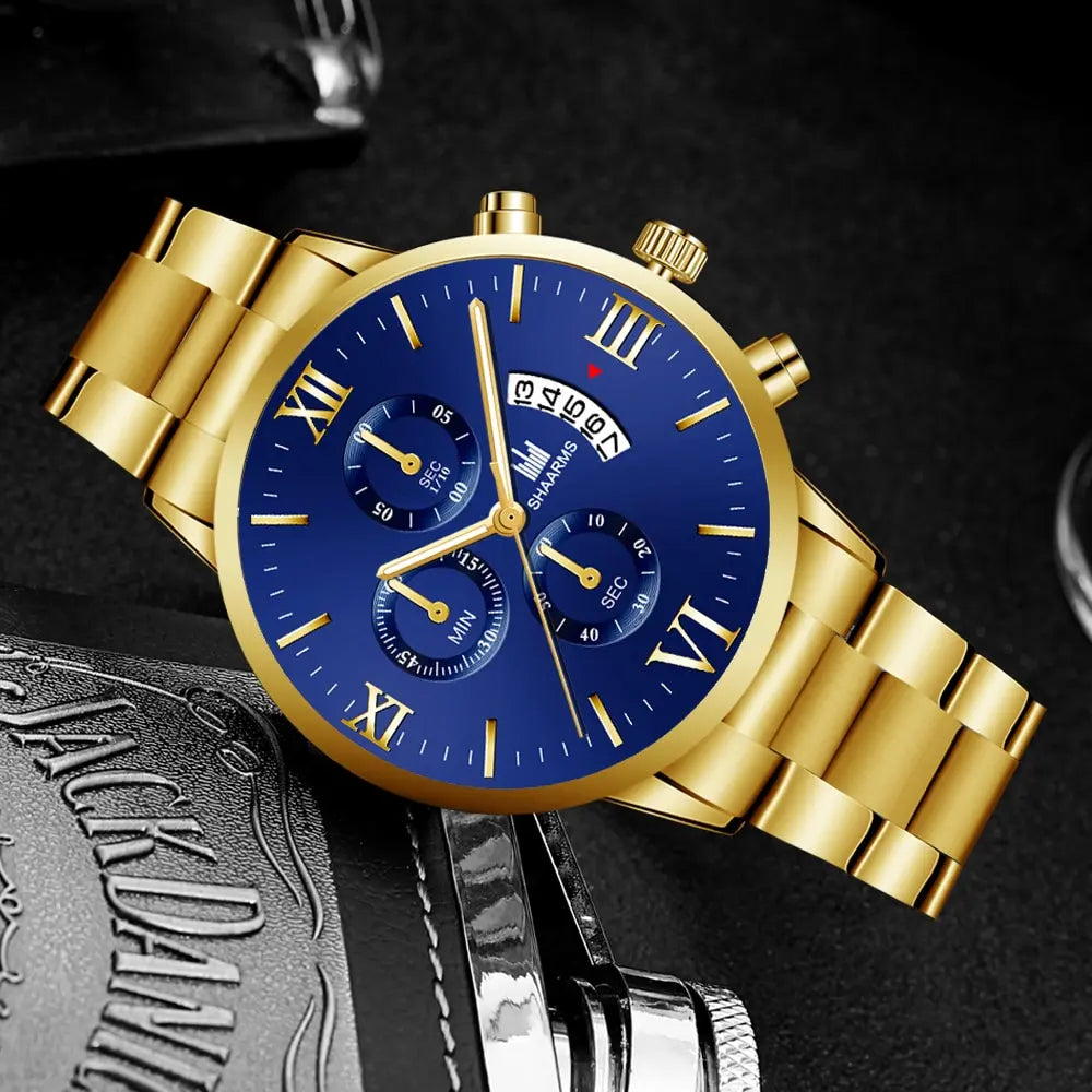 Men's Business Quartz Watch - Three-Eye Calendar, Stainless Steel Band