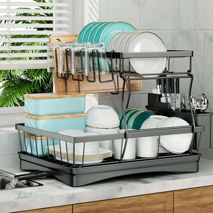 Large 2-tier metal dish drying rack for kitchen countertops with removable large-capacity design