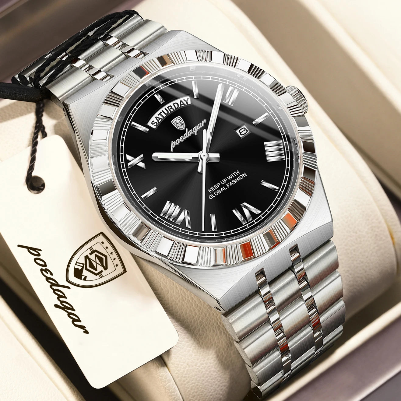 POEDAGAR Men's Luxury Quartz Watch – Waterproof, Luminous, Week & Date Display