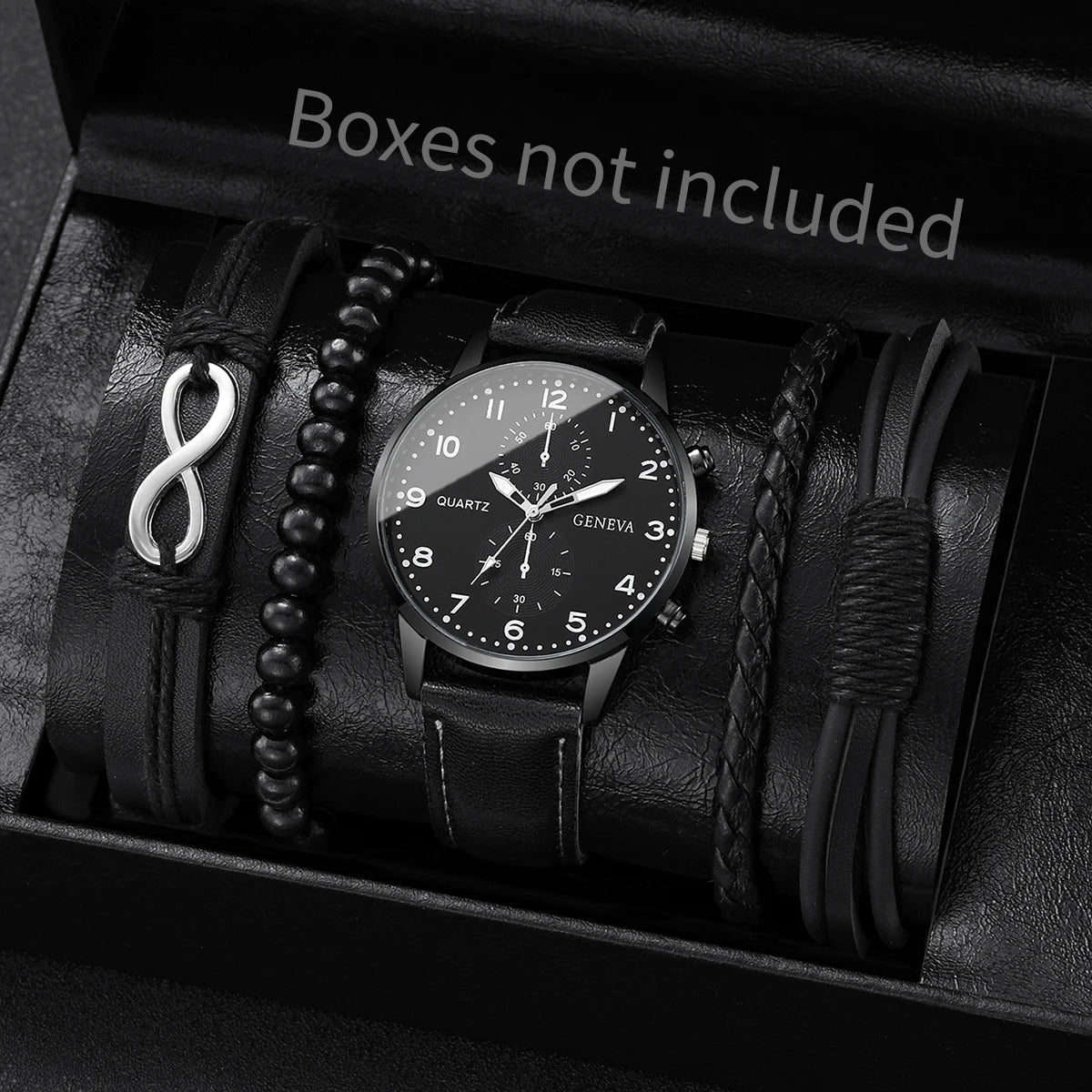 Men's Fashion Quartz Watch & Leather Bracelet Set (4/5pc)