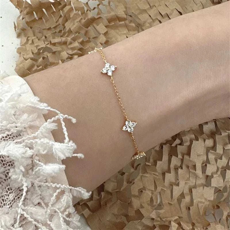 Crystal Flower Stainless Steel Bracelet with Gold Finish