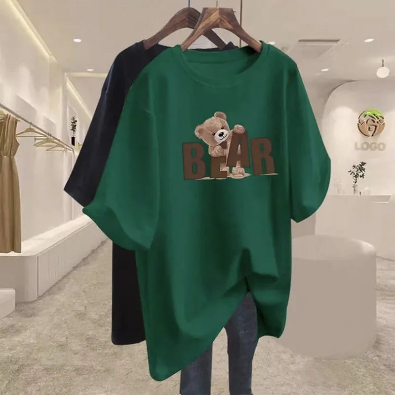 Summer Chic Letter Printing Bear T-shirt Women O-neck Short Sleeve Cotton Basic Top Tee Casual Loose Oversized Pullover 45-105Kg