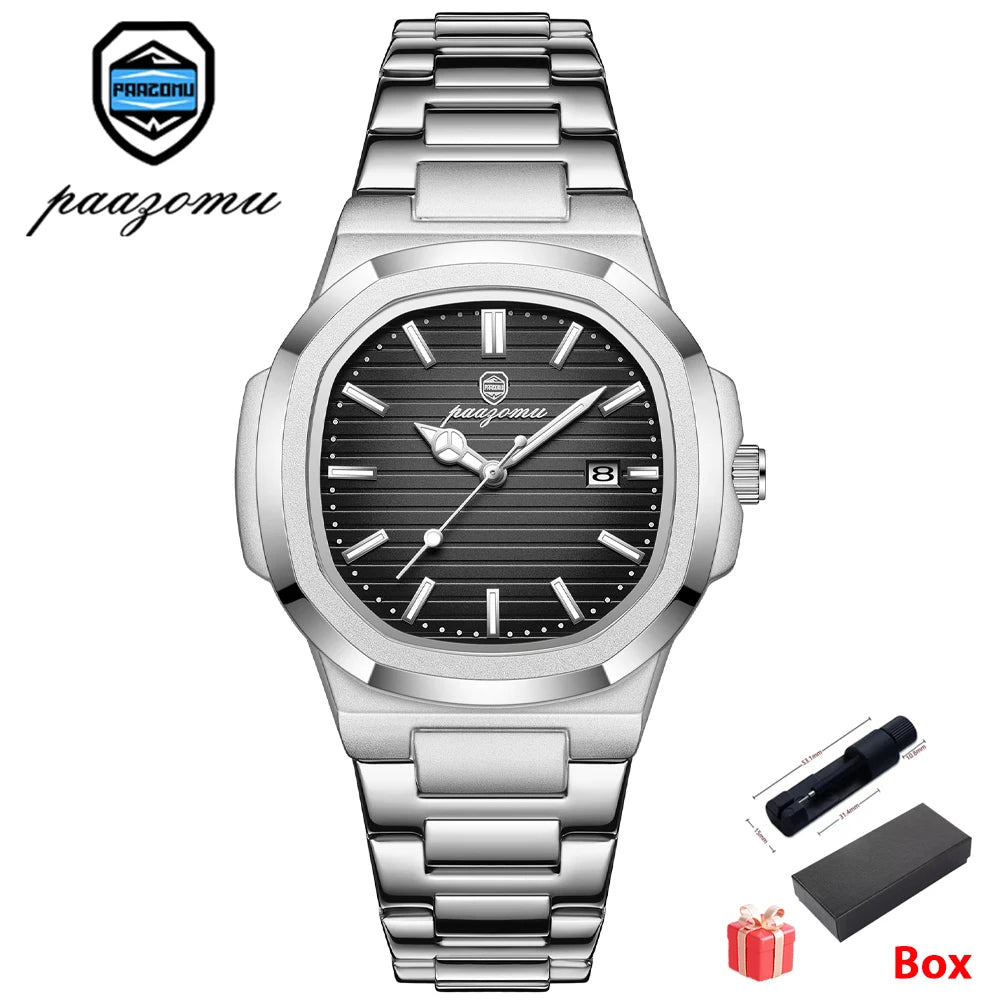 Men's Stainless Steel Waterproof Quartz Watch - Luminous Date & Week Display
