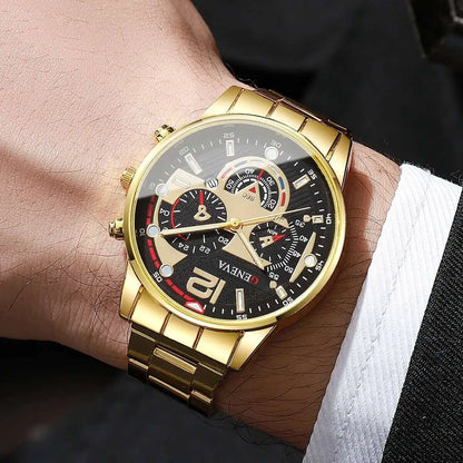 Men's 4pc Fashion Quartz Watch & Jewelry Set – Necklace, Bracelet & Ring