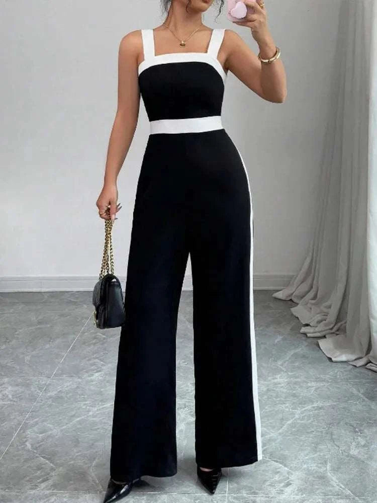 Women's Casual Black Jumpsuit White Contrast Trim Square Neck Great foThe Plug