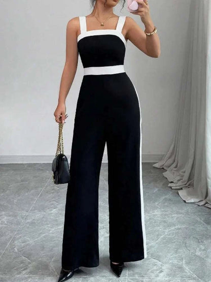 Women's Casual Black Jumpsuit White Contrast Trim Square Neck Great foThe Plug