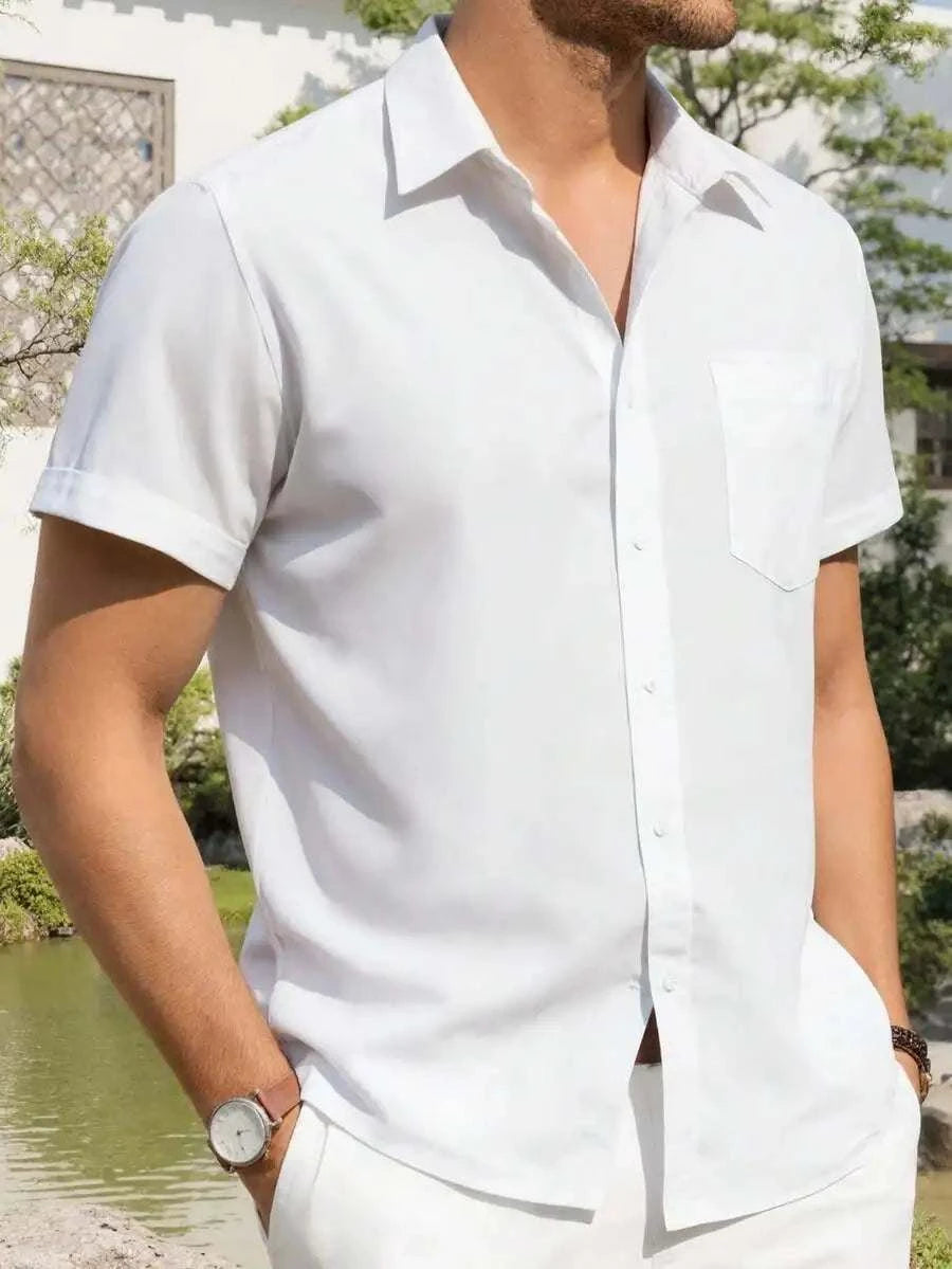 Mens linen short sleeve casual button down shirt with pockets